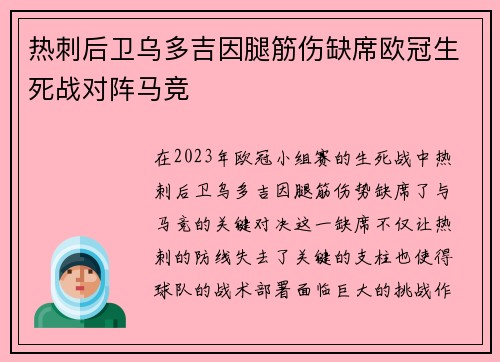 热刺后卫乌多吉因腿筋伤缺席欧冠生死战对阵马竞